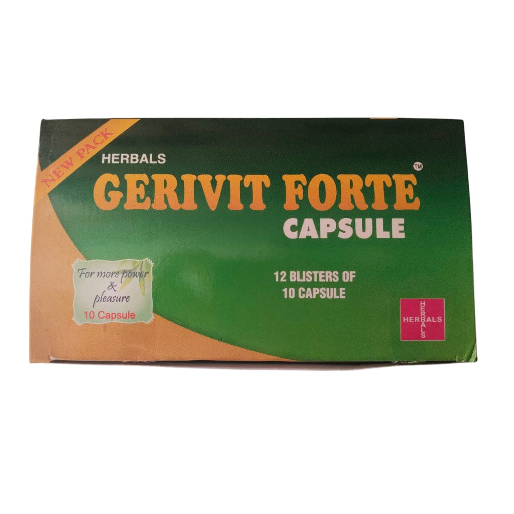 Box of Gerivit Forte capsules with green and orange design on a white background